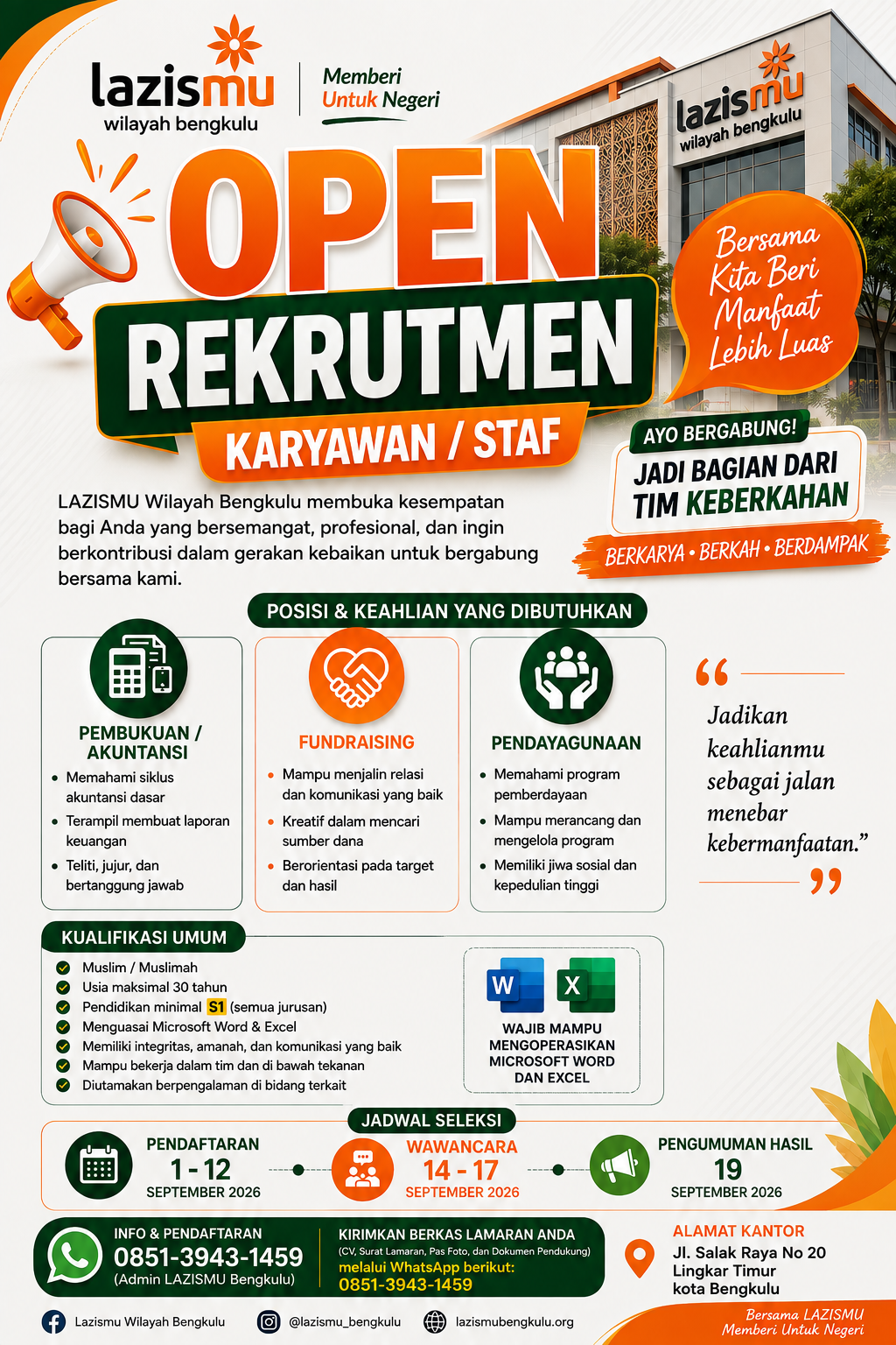 OPEN RECRUITMENT KARYAWAN LAZISMU WILAYAH BENGKULU TAHUN 2026