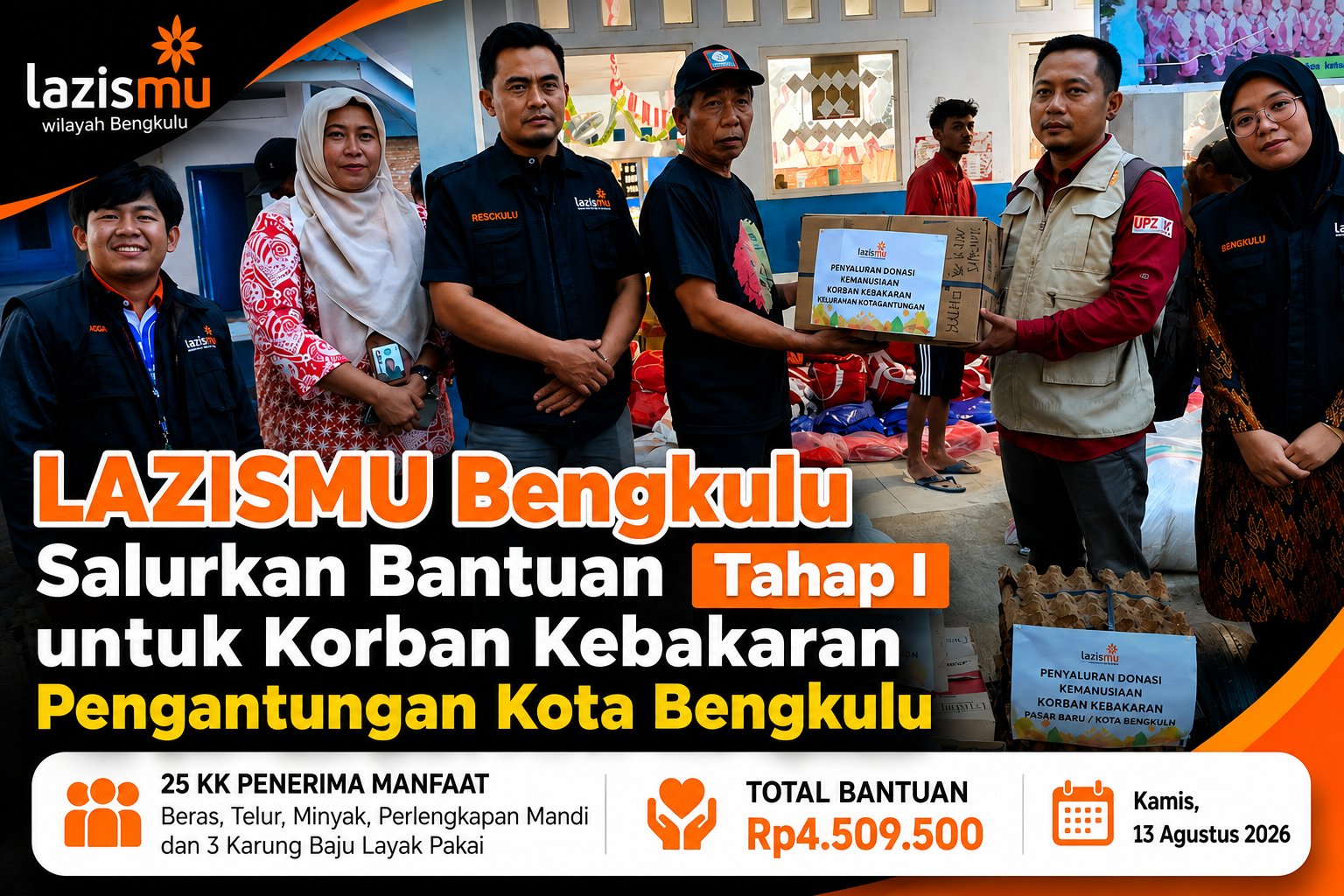 LAZISMU Bengkulu Salurkan Bantuan Tahap I untuk Korban Kebakaran Pengantungan Kota Bengkulu 